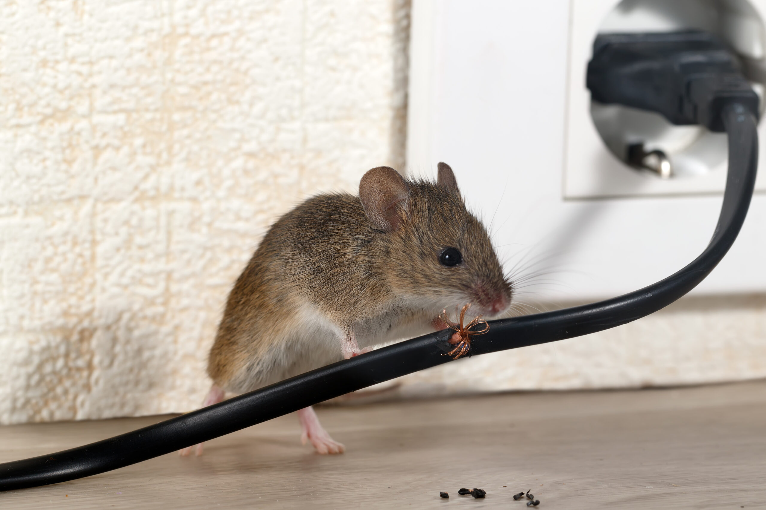 This image shows a close-up of a house mouse chewing on an electrical wire. The mouse, identifiable by its size, fur color, and rounded ears, appears to be in a domestic setting, with a power outlet and plug in the background. The visible damage to the wire indicates the risks and dangers of rodent infestations in homes, including potential fire hazards from damaged wiring. The mouse’s presence alongside common household infrastructure emphasizes the importance of rodent control to prevent property damage and maintain safety. The photograph captures the rodent in sharp focus, which allows for detailed observation and highlights the issue of pests within human living spaces.