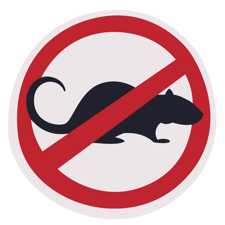 The image depicts a prohibition sign featuring a silhouette of a rodent, likely a rat or mouse, with a red circle and diagonal line across it. The graphic is a universal symbol used to indicate that rodents are not allowed, or to signify an area where rodent control measures are in place. It’s a clear, straightforward sign typically posted in areas where hygiene and pest control are of high concern, such as food service areas, storage facilities, and agricultural settings. The simple design ensures that the message is easily understood across language barriers.