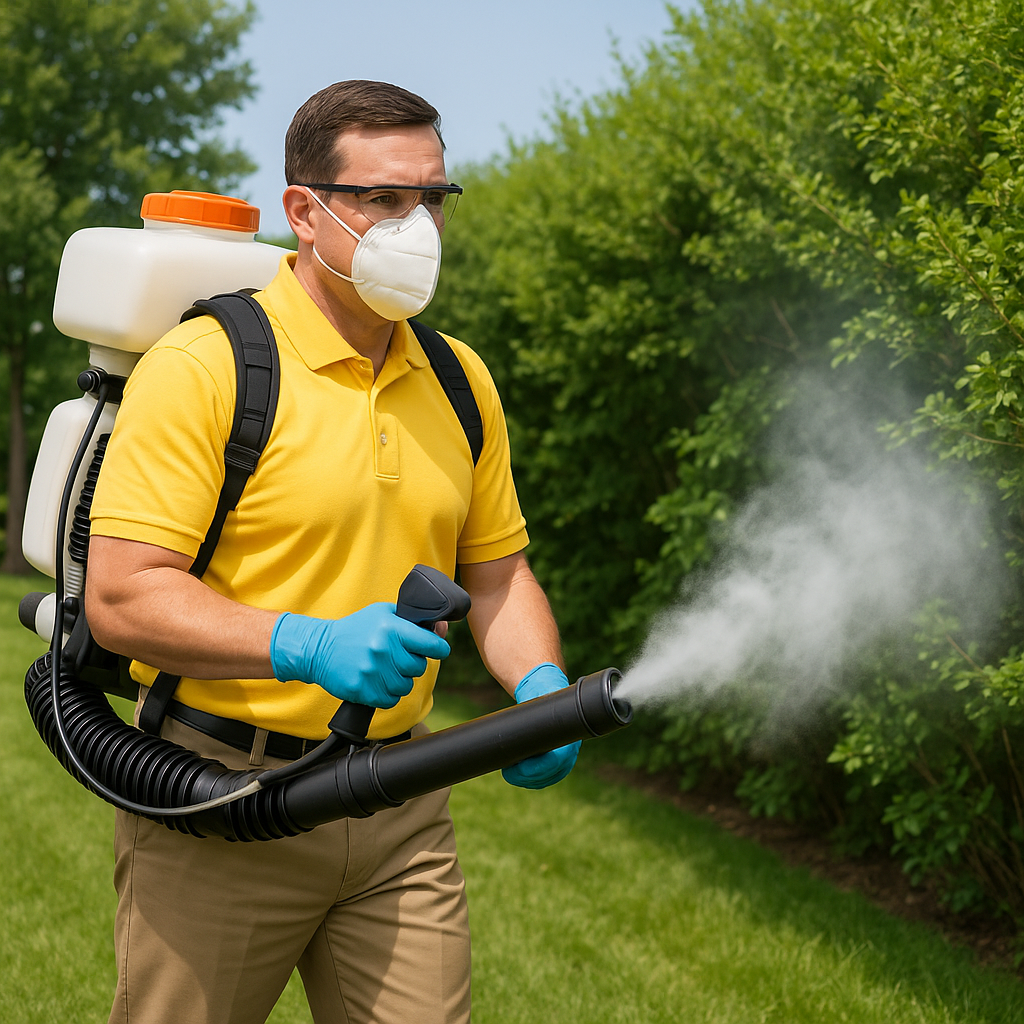 Professional mosquito fogging service in action—technician wearing safety gear and operating a commercial backpack sprayer to treat outdoor vegetation. Ideal for residential mosquito control, this image highlights proactive pest management solutions to reduce mosquito populations and protect outdoor spaces. Perfect for promoting seasonal mosquito prevention, public health awareness, and eco-conscious pest control services.