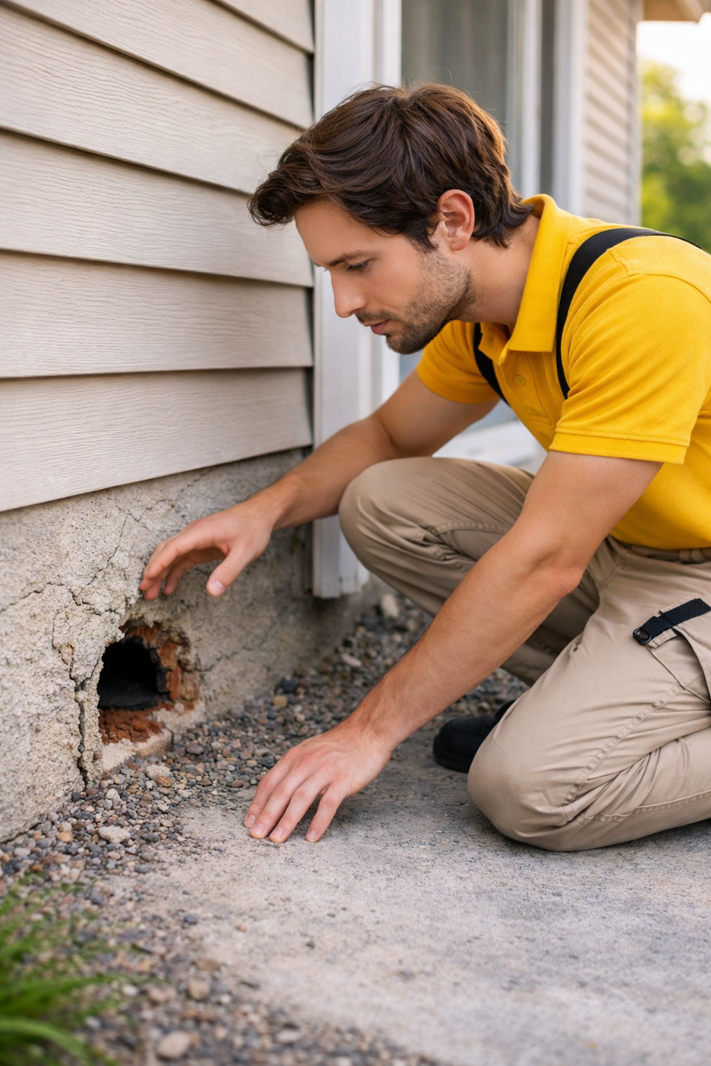 Pest control technician inspecting a foundation gap for rodent entry points in a Des Moines home